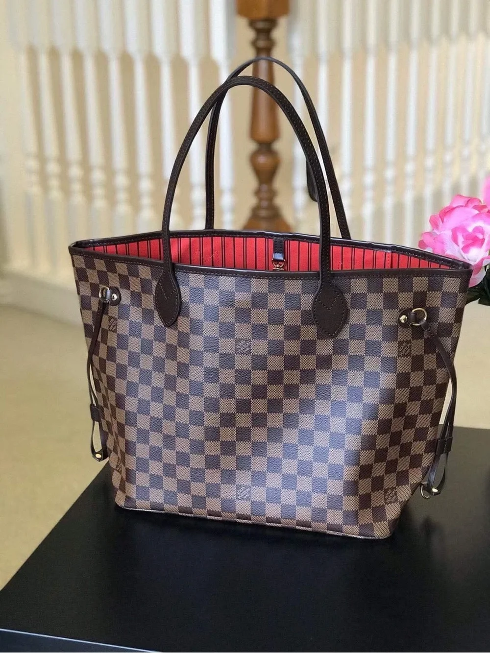 Louis Vuitton Brown Damier Tote with Red Interior
